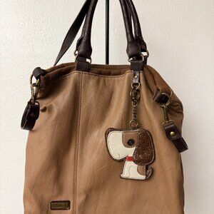 Chala Faux Leather Satchel Tote Crossbody Bag Taupe Dog Charm Excellent